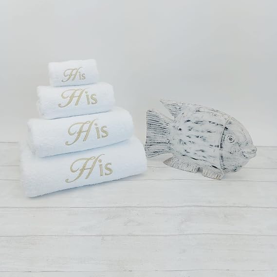 Original Crumbleberry reference photo: white towels with His embroidery, showing multiple sizes; not a four-piece set