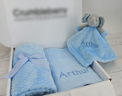 blue blankets and comforter gift set; original reference photograph with packaging logo blurred
