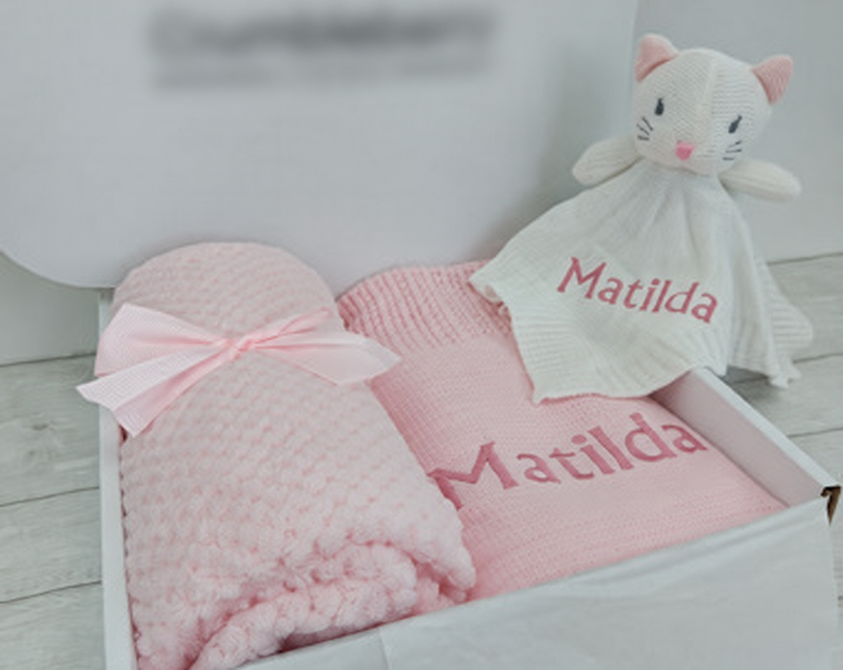 pink blankets and comforter gift set; original reference photograph with packaging logo blurred